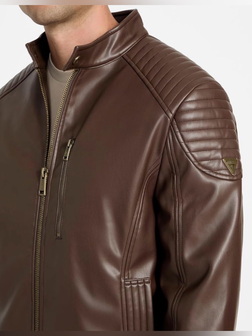 GUESS Faux Leather Biker Moto Jacket Coarse Brown Size M. NWT